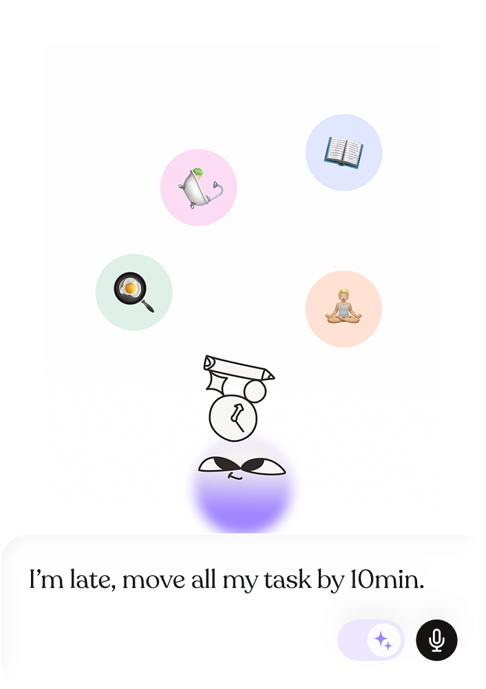 Tiimo app voice command feature with colorful circular task icons and text 'I'm late, move all my task by 10min' demonstrating schedule adjustment functionality
