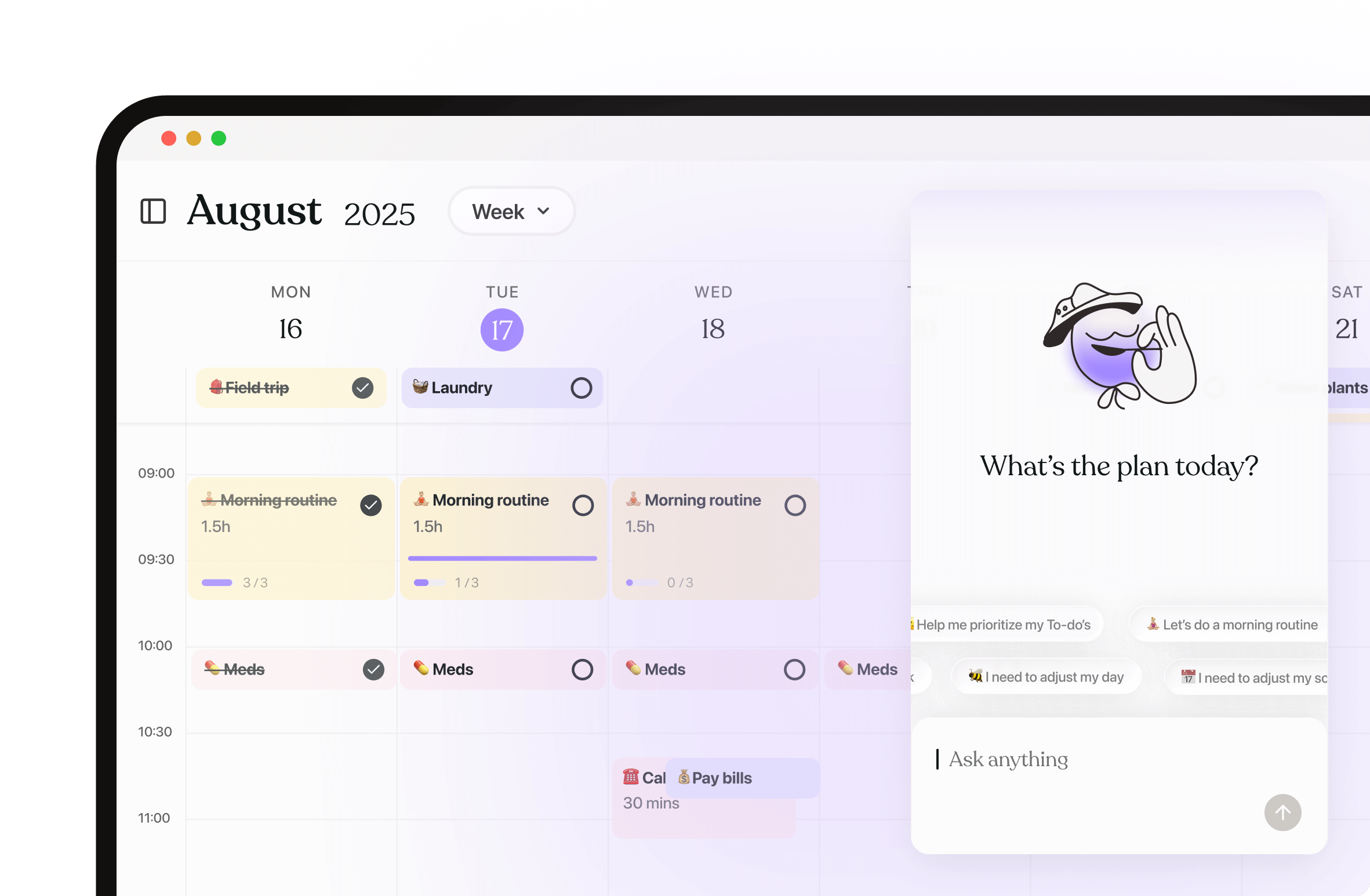Tiimo AI planner desktop application showing August 2025 weekly calendar view with scheduled tasks, morning routines, and AI chat interface for intelligent planning assistance