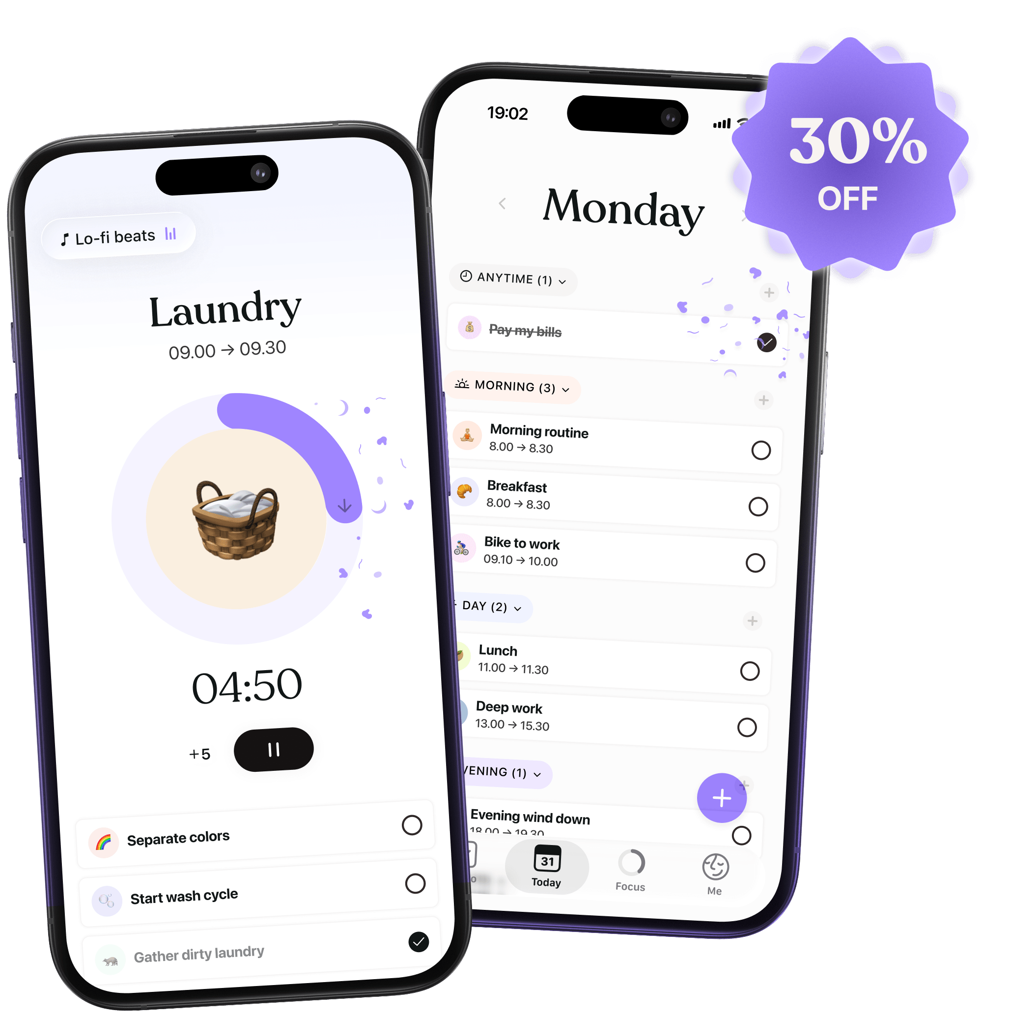 Screenshots of Tiimo app in Focus tab and in Today's plan tab displaying a list of tasks
