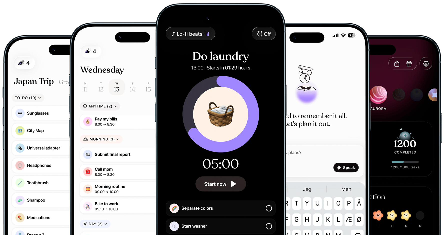 Tiimo app interface displaying Todo list called Japan Trip with subtasks like Sunglasses, City Map, etc; a Schedule for Wednesday with tasks like Pay my bills, etc; A focus timer for a task called Do Laundry; AI Co-planner screen; and the Trophies page.