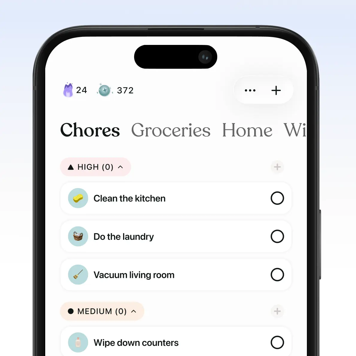 Tiimo showing separate to-do lists for chores, groceries, home, and more.