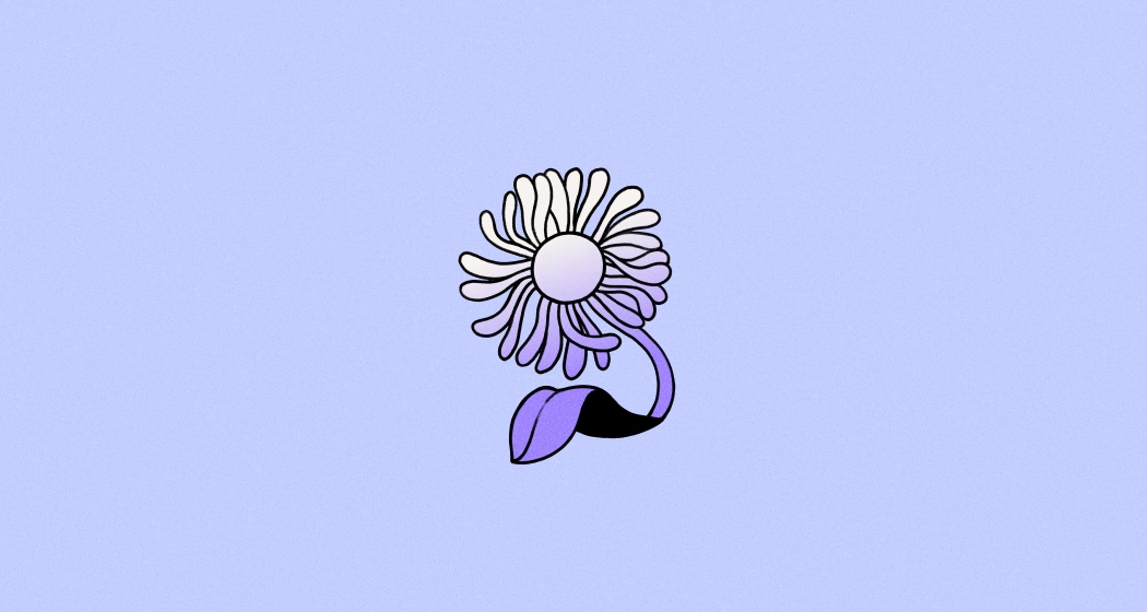 Stylized illustration of a flower with white and purple petals, a purple stem, and two-toned purple and black leaves, set against a soft lavender background.