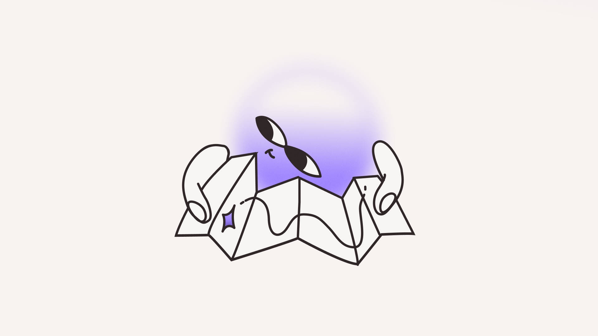 A round purple character with expressive eyes and hands examines a folded paper map with a winding path and marked location.