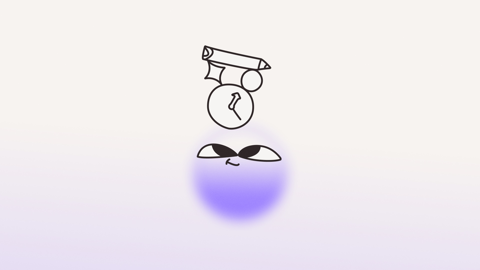 A round purple character with raised eyes smiles under floating icons of a pencil, clock, and checklist, representing planning and organization.
