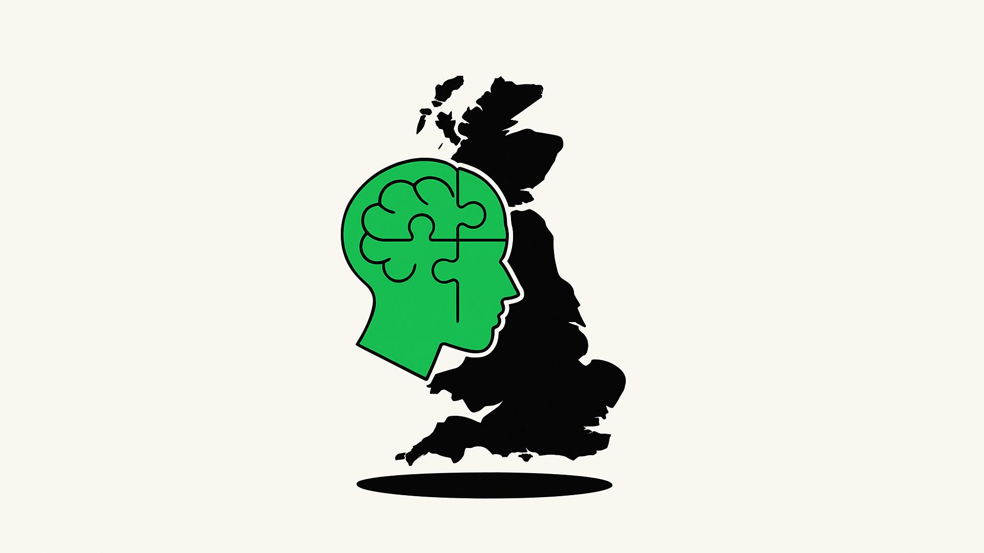 Minimalist vector illustration of a green puzzle piece shaped like a human head with brain contours, placed in front of a black silhouette of the United Kingdom.