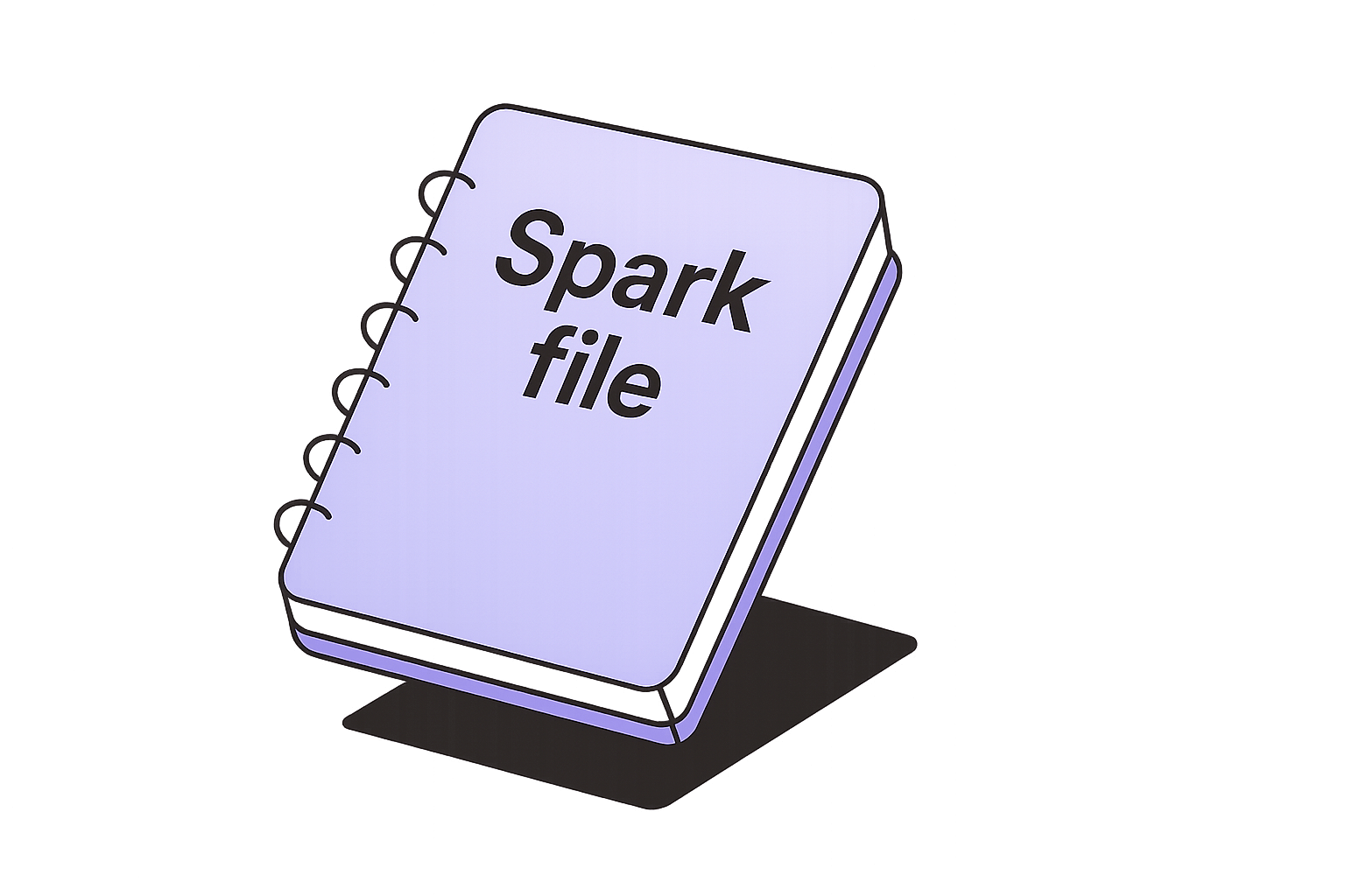 Isometric illustration of a purple spiral notebook labeled “Spark file,” representing a place to capture and revisit creative ideas.