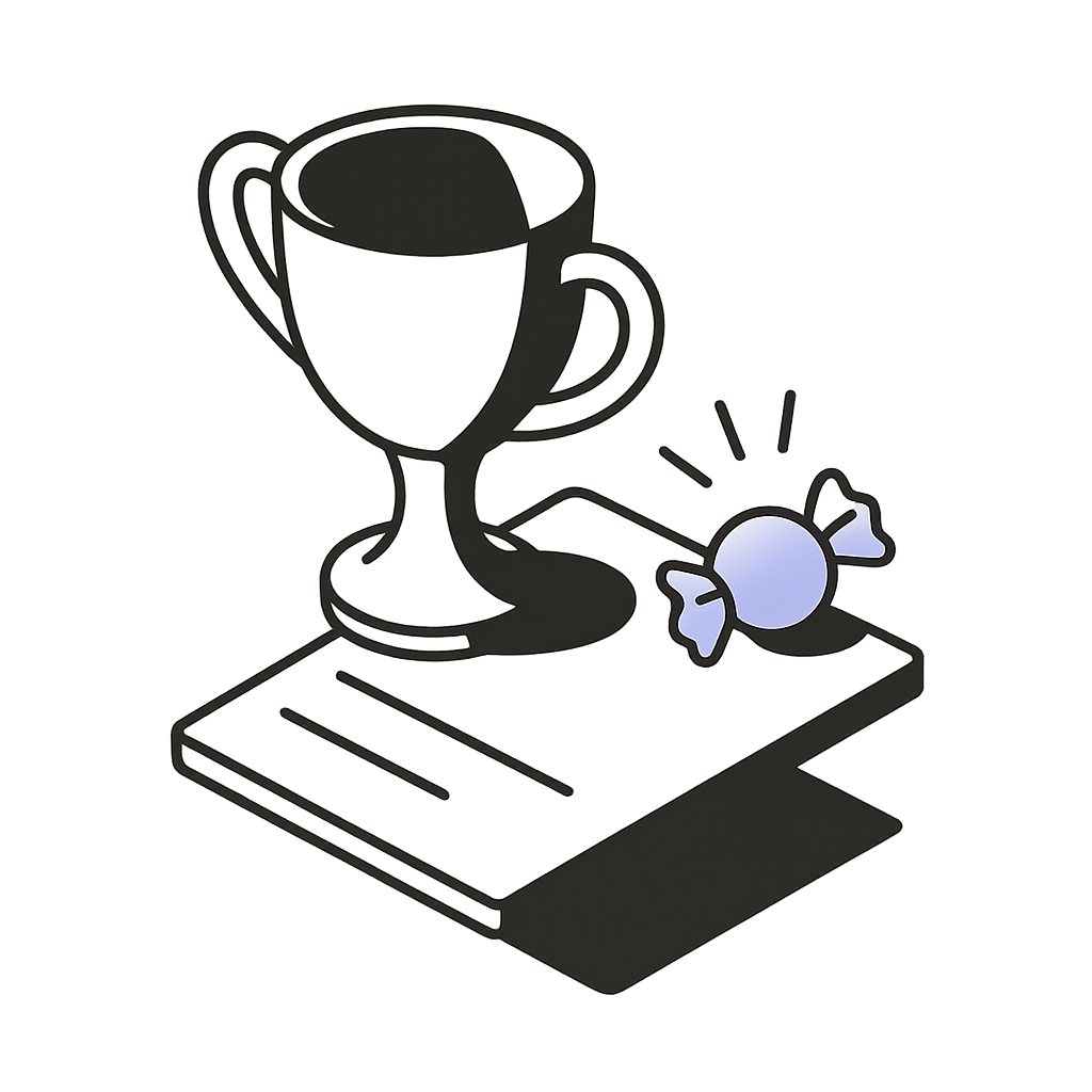 A trophy and a small piece of candy on a notepad, representing the motivational impact of rewarding small achievements.