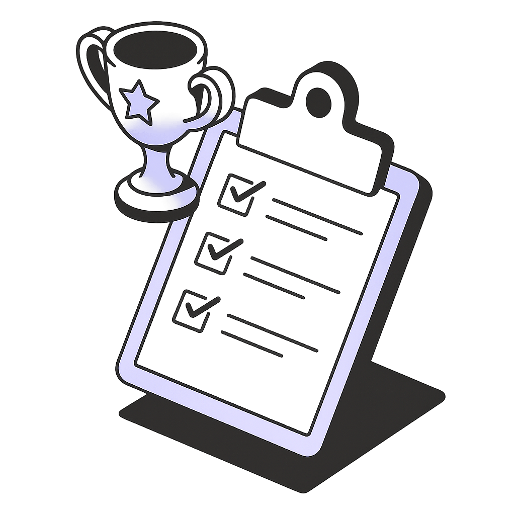 A trophy placed on a checklist clipboard, illustrating the practice of tracking completed tasks and celebrating accomplishments.