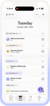 Animated task list view showing a user marking a task as done, followed by a cheerful celebration animation to encourage progress.