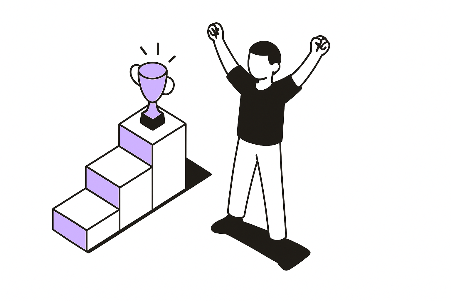 Person celebrating with raised arms next to a trophy on a podium, symbolizing motivation and acknowledging progress.