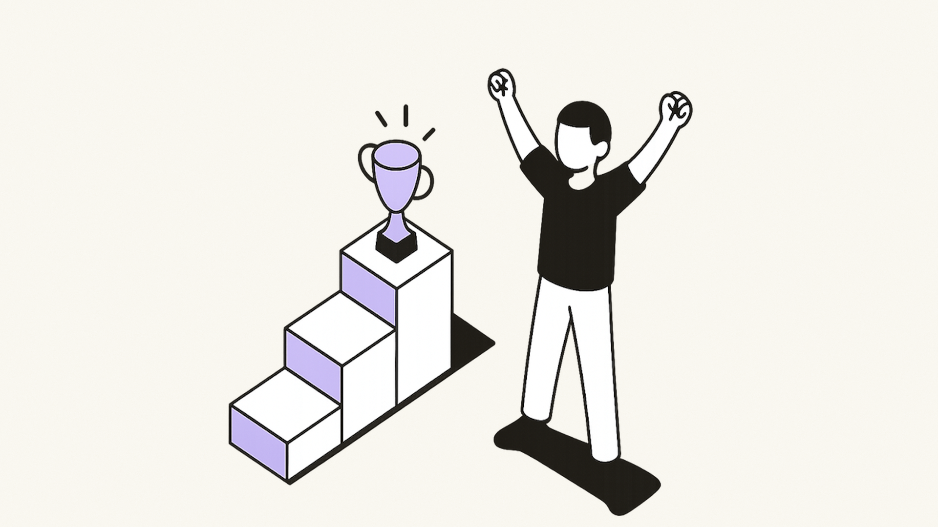 Person celebrating with raised arms next to a trophy on a podium, symbolizing motivation and acknowledging progress.