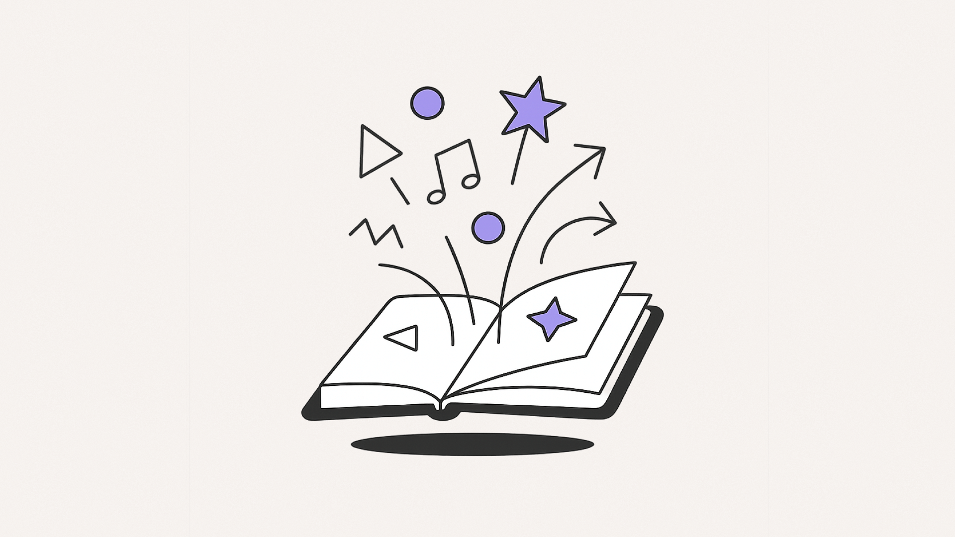 An open book illustrated in a minimalist style, with stars, circles, triangles, arrows, and musical notes in shades of purple and black bursting from its pages, representing imagination, creativity, and ideas coming to life.