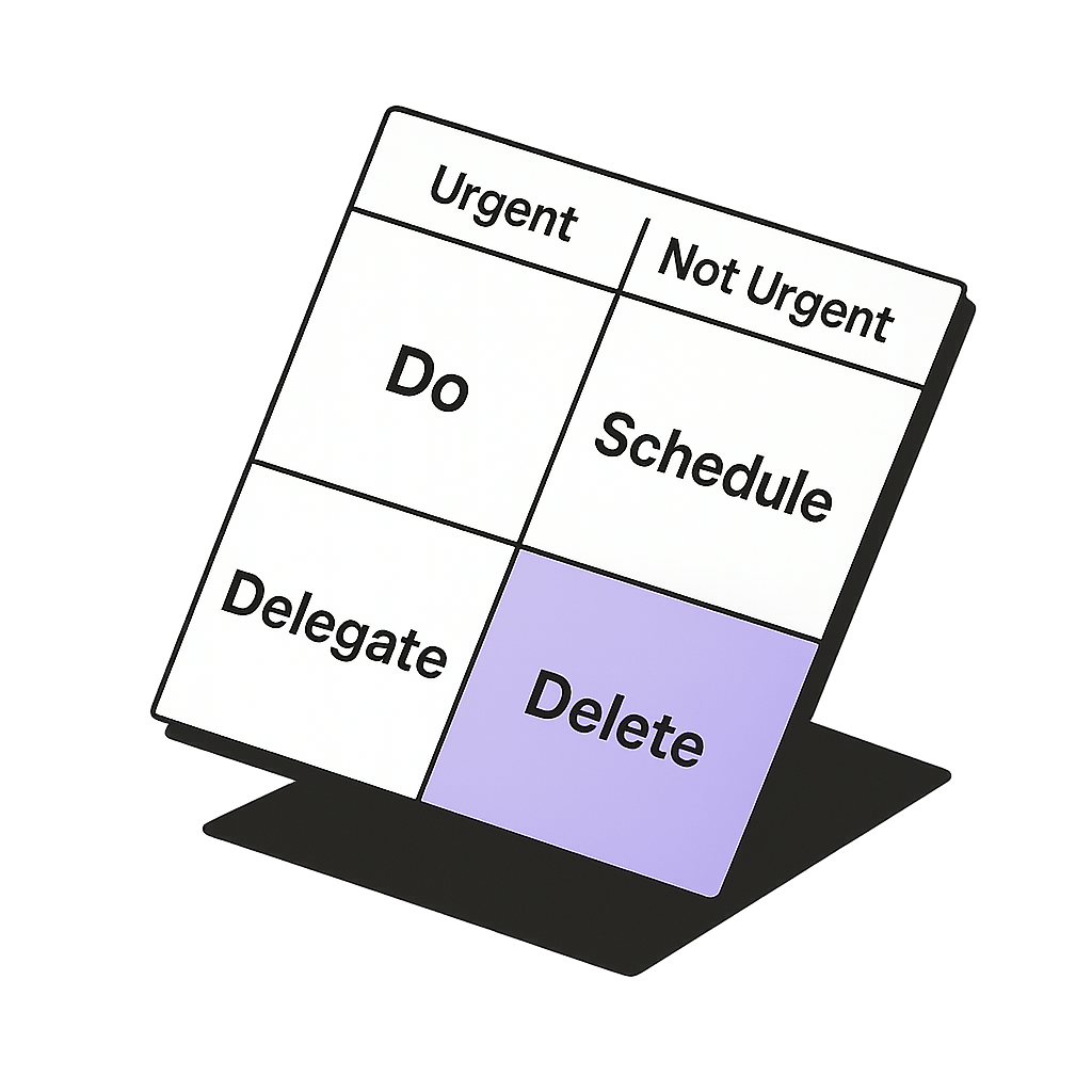 Eisenhower Matrix showing Do, Schedule, Delegate, and Delete, emphasizing task prioritization and reducing mental clutter.