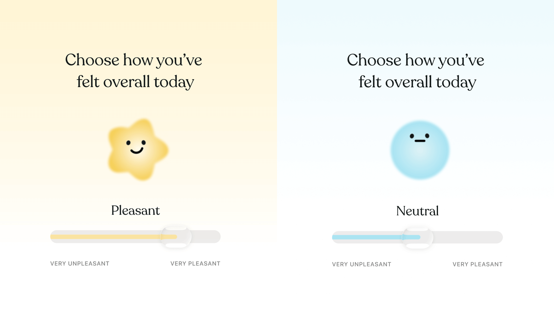 Tiimo's mood tracker interface showing two moods: Pleasant with a smiling star, and Neutral with a straight-faced blue circle.