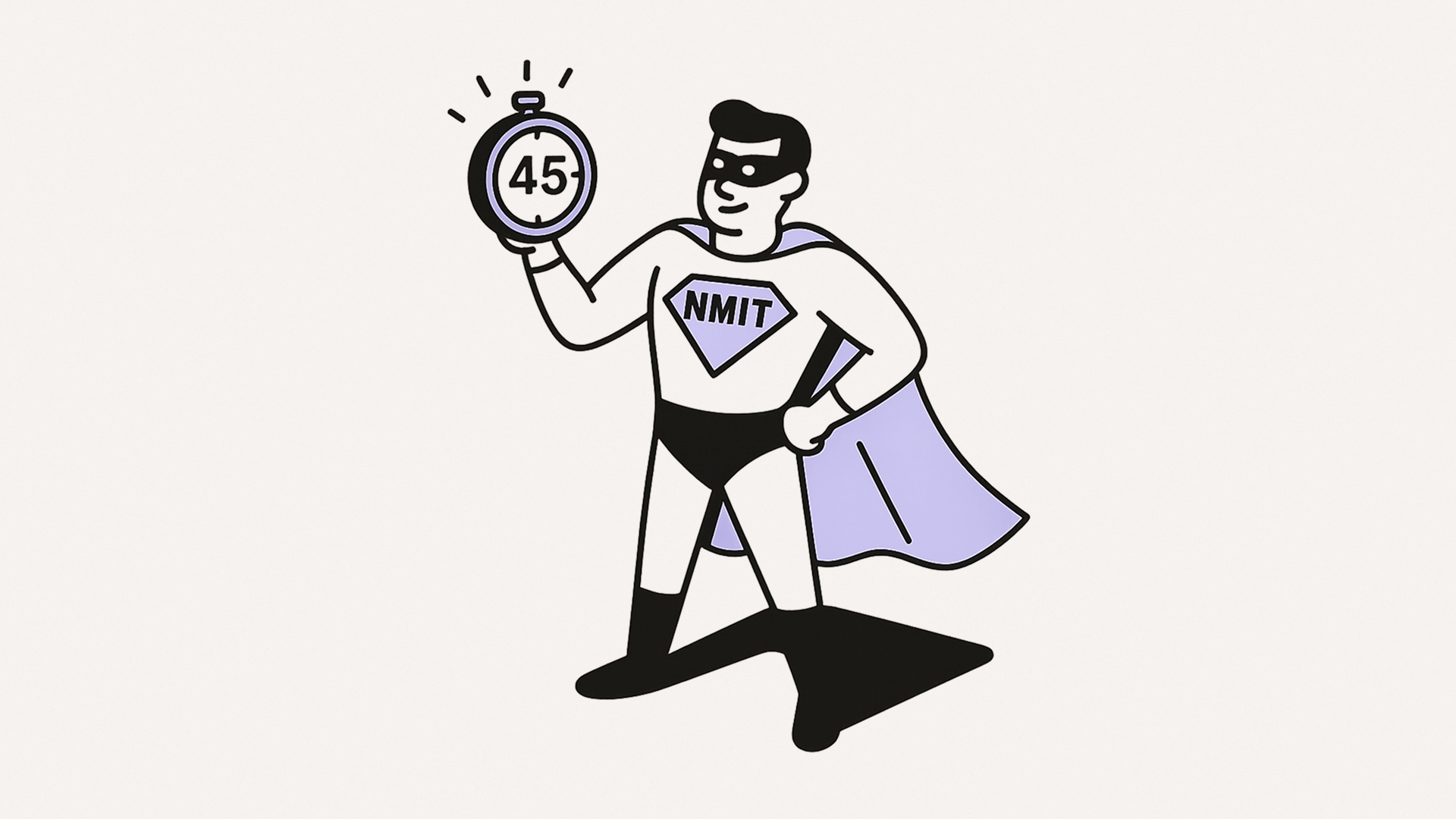 Illustration of a superhero holding a timer labeled 45, representing focused work on one task for 45 minutes.
