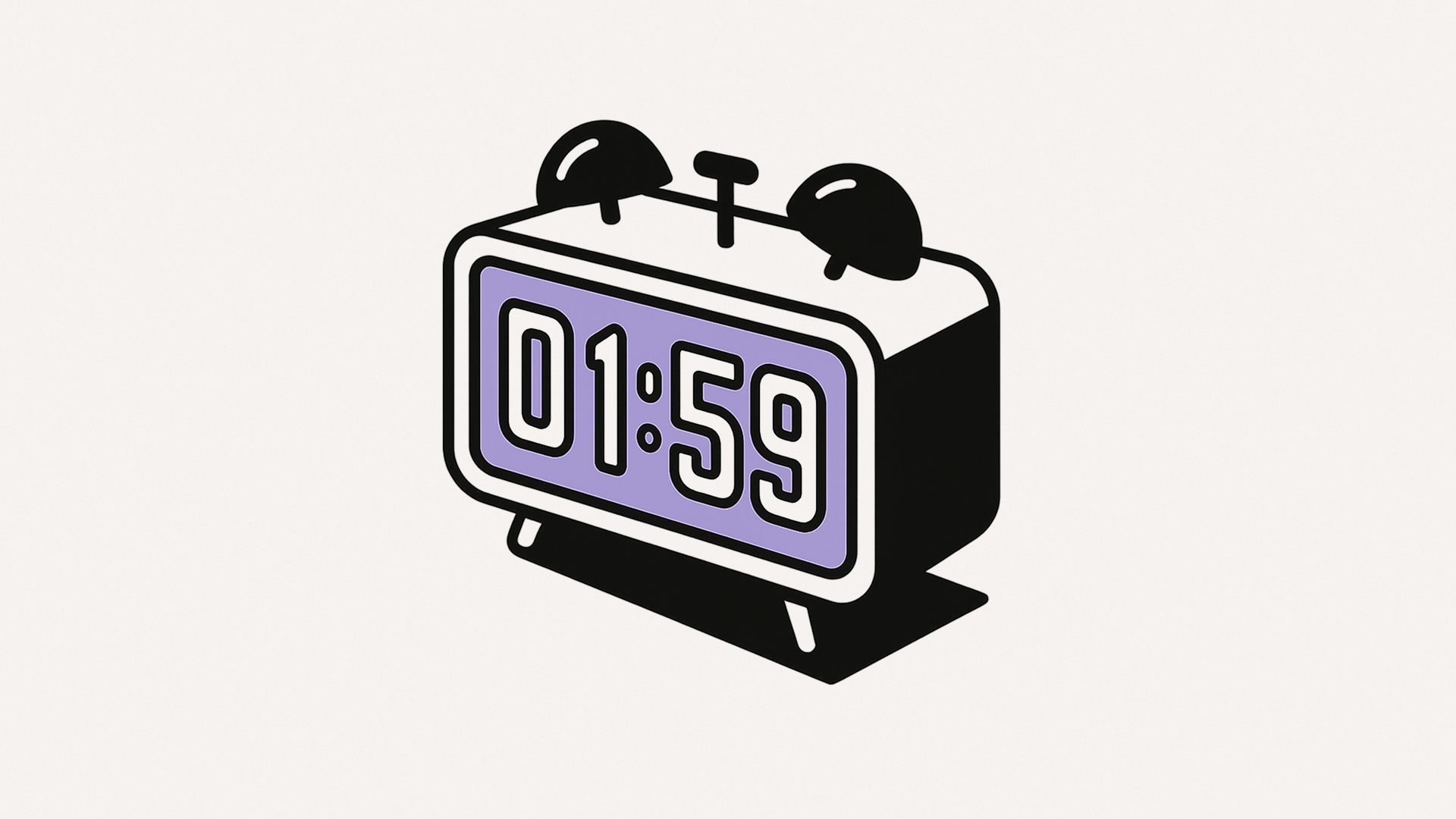 Minimalist retro alarm clock showing 01:59, symbolizing tasks that can be completed in under two minutes.