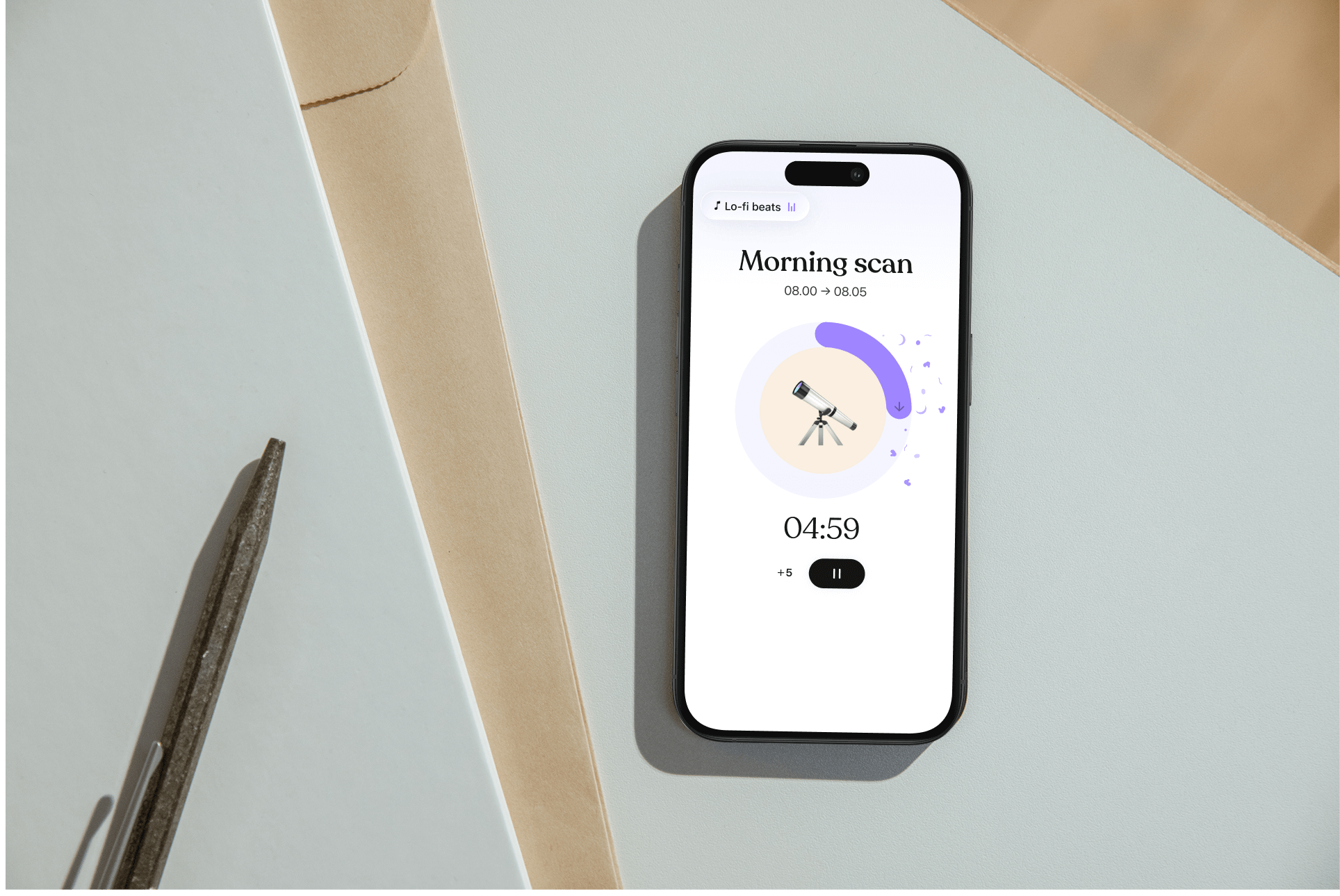 IPhone screen showing Tiimo App's 5-minute Morning Scan timer with lo-fi beats and a telescope icon to guide daily focus.