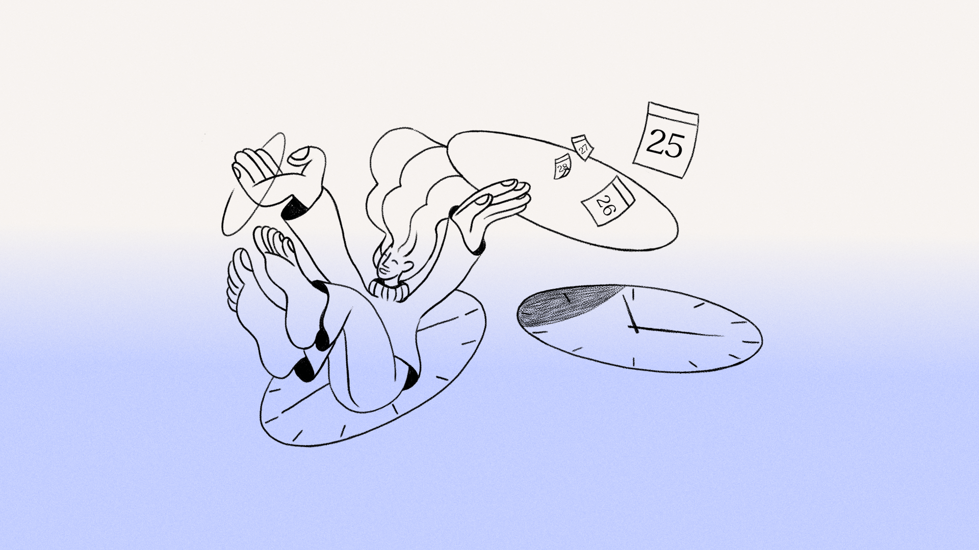 Illustration of a person floating above clock faces and calendar pages, reaching out as time appears scattered around them, representing time slipping away or feeling abstract.