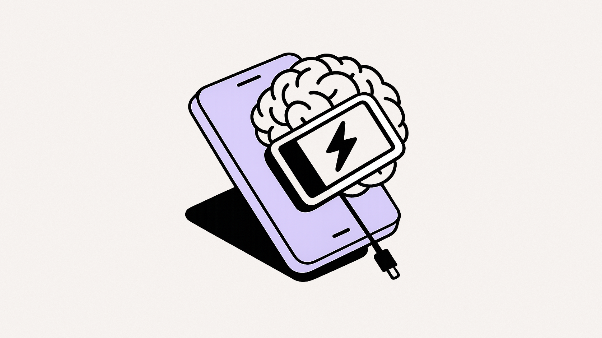 Illustration of a brain plugged into a smartphone, symbolizing mental energy recharge and digital tools supporting focus.
