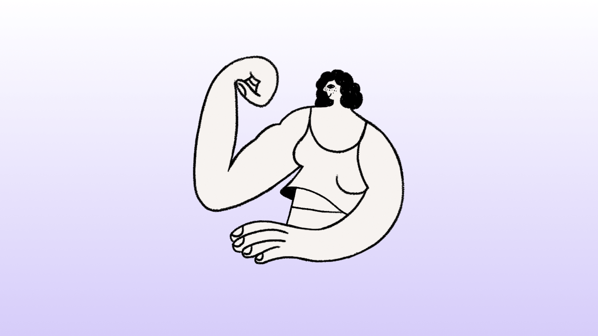 Illustration of a person with exaggerated, muscular arms flexing one arm in a gesture of strength and confidence. The figure has dark curly hair, wears a sleeveless top, and is drawn in a minimalist black-and-cream style on a soft purple gradient background.