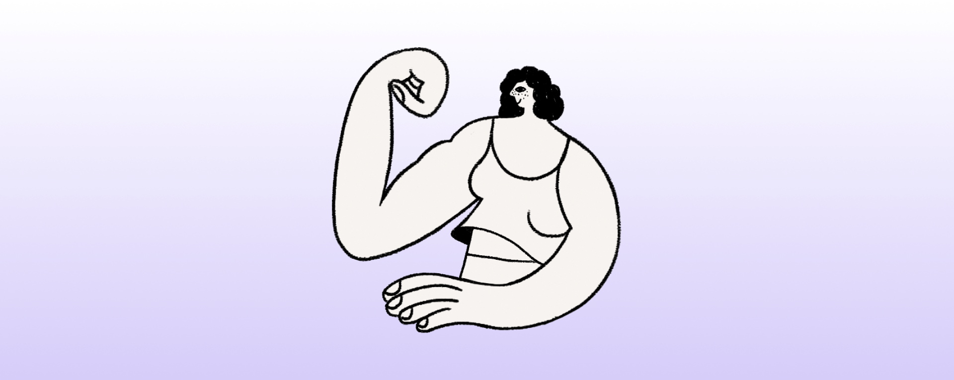 Illustration of a person with exaggerated, muscular arms flexing one arm in a gesture of strength and confidence. The figure has dark curly hair, wears a sleeveless top, and is drawn in a minimalist black-and-cream style on a soft purple gradient background.