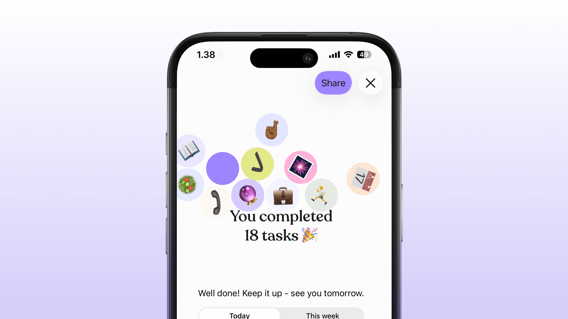 Phone screen showing a task completion celebration in the Tiimo app with the message “You completed 18 tasks” surrounded by colorful task icons.