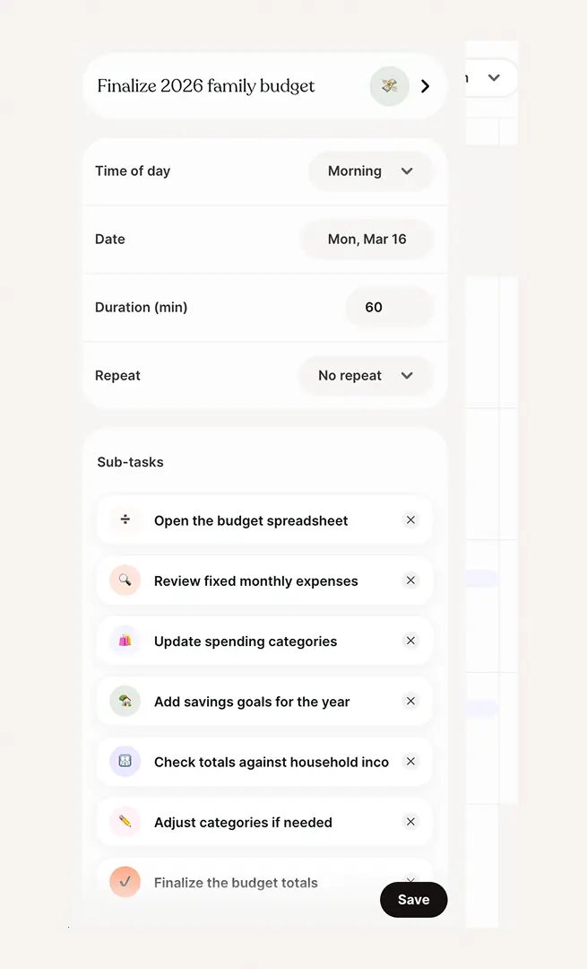 Tiimo app interface showing a task to finalize a 2026 family budget with subtasks such as reviewing expenses, updating categories, and checking totals.