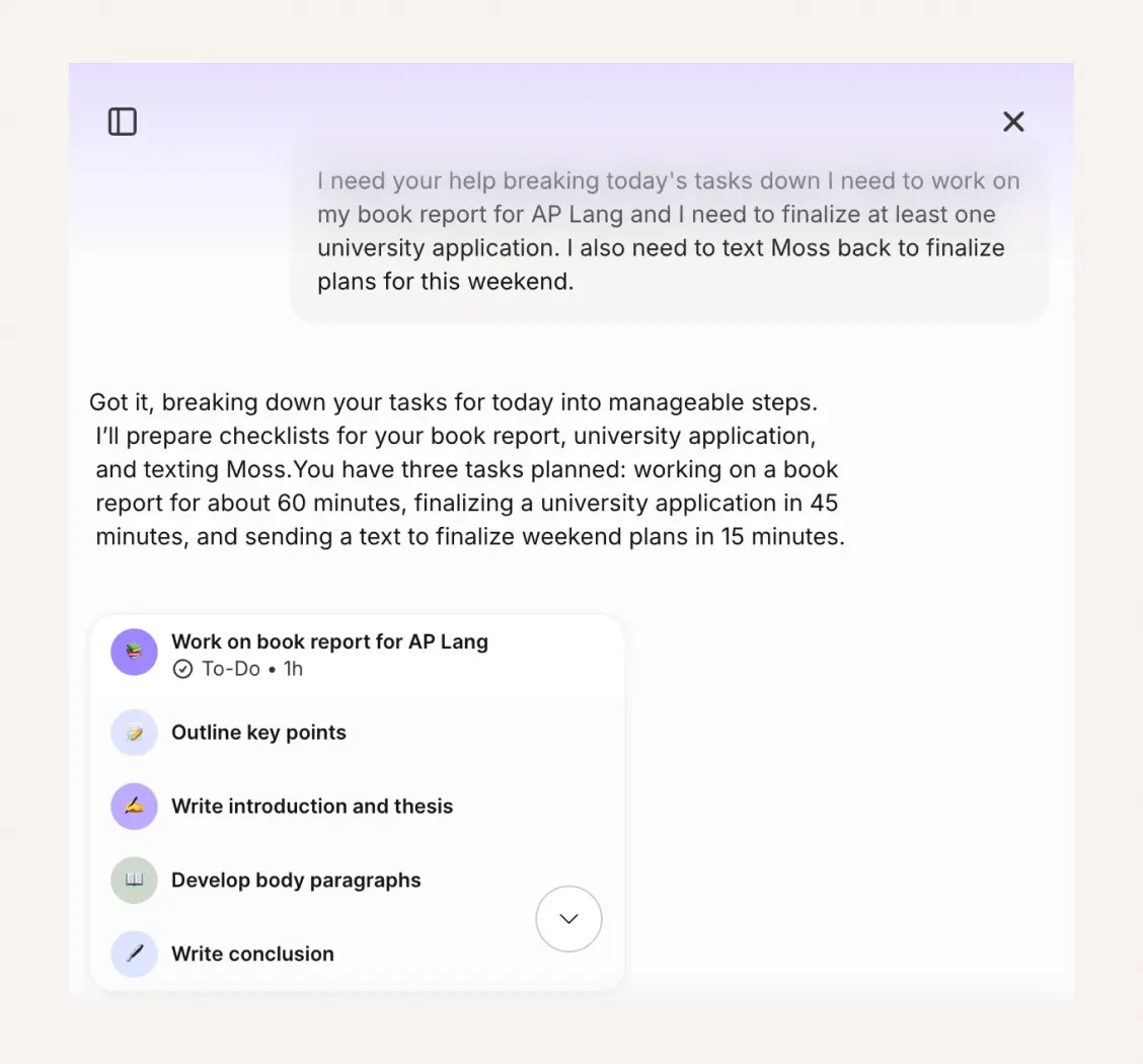 Screenshot of Tiimo’s AI Co-Planner turning a user’s task list into a structured plan with subtasks for writing a book report.