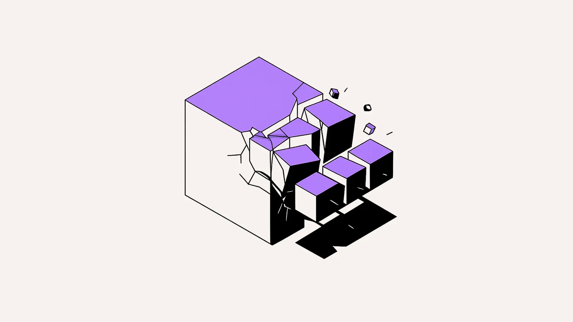 Illustration of a large cube breaking into smaller cubes, representing breaking a big task into smaller steps.