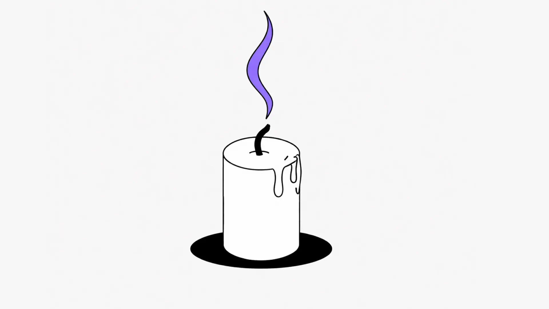 A minimalist illustration of a just-extinguished white candle with a thin purple smoke trail curling upward from the wick, set against a light gray background.