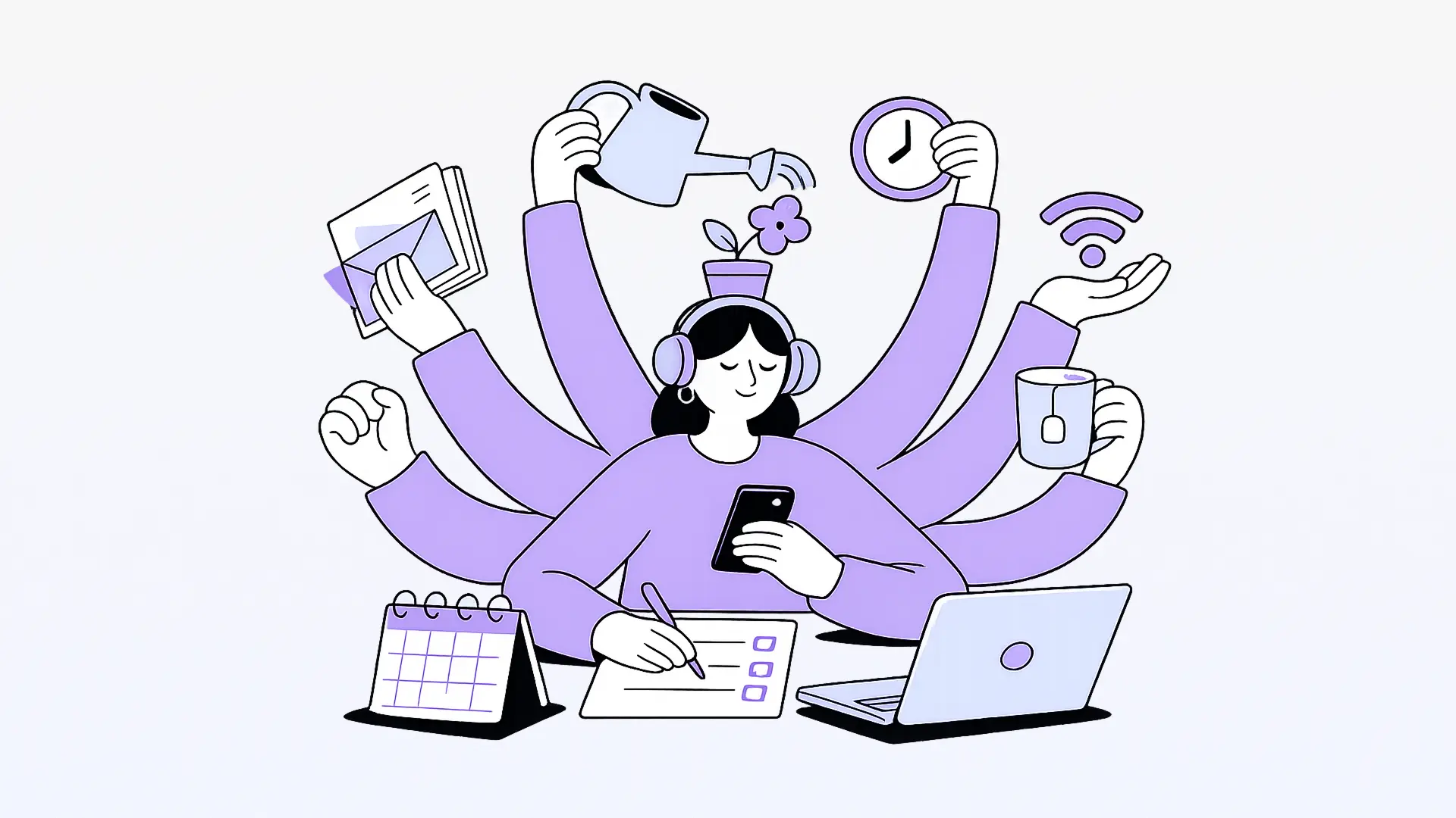 Illustration of a person multitasking with multiple arms, using a phone, writing a to do list, holding a clock, watering a plant, handling mail, drinking tea, and working on a laptop, symbolizing productivity and managing many tasks at once.