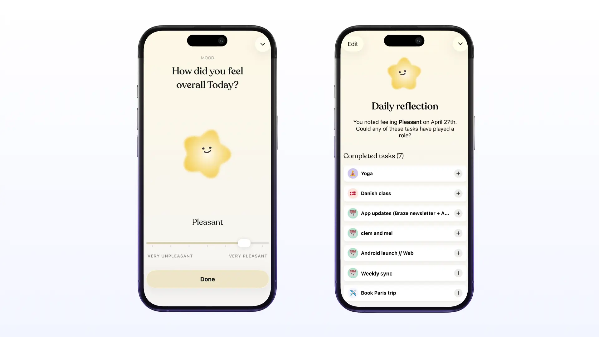 Two smartphone screens showing Tiimo's mood tracking feature, one screen asks “How did you feel overall today?” with a slider set to “Pleasant,” while the other shows a daily reflection linking that mood to completed tasks like yoga, classes, and work activities.