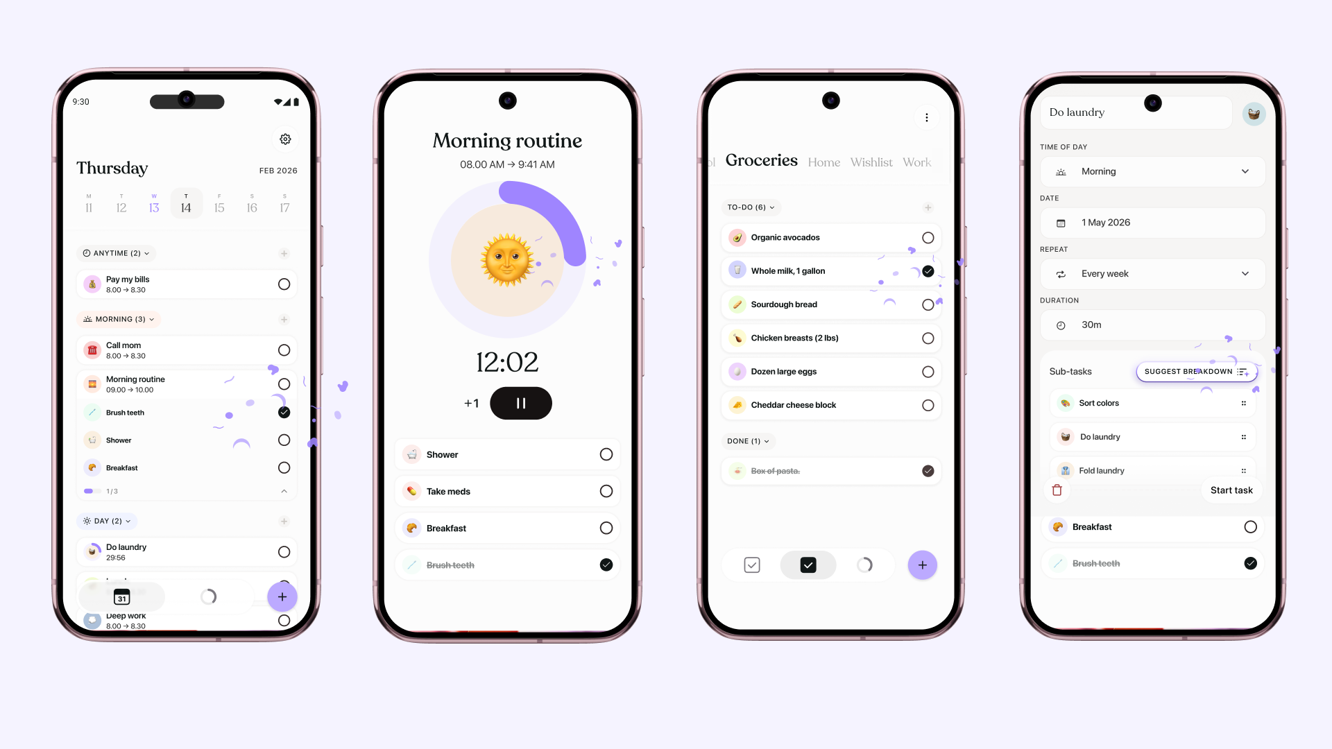 Four smartphones side by side displaying a planning app interface, showing a daily schedule, a timed morning routine with a progress circle, a grocery checklist, and a task detail view with subtasks and repeat settings, all in a clean, minimal design with soft colors and playful accents.