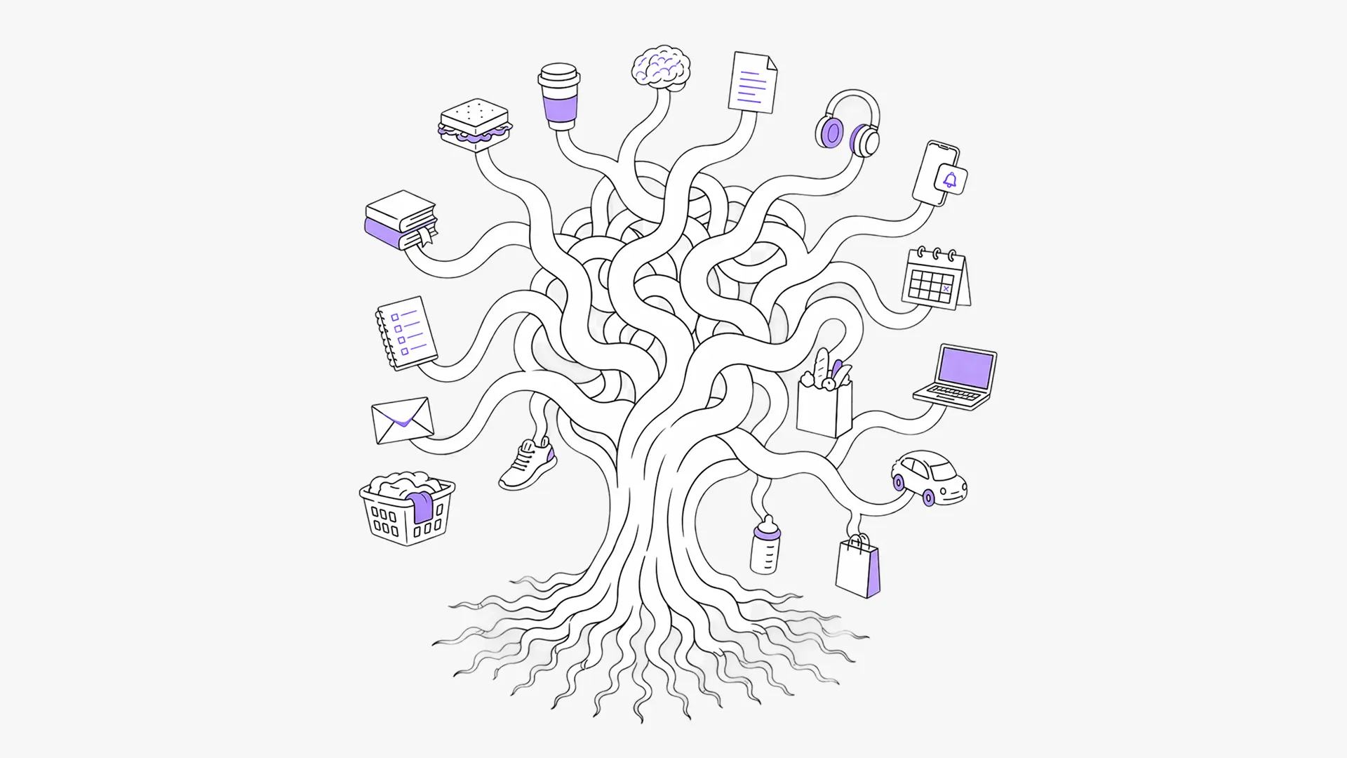 Illustration of a tangled tree connected to tasks like laundry, food, schedules, messages, shopping, and work notifications.
