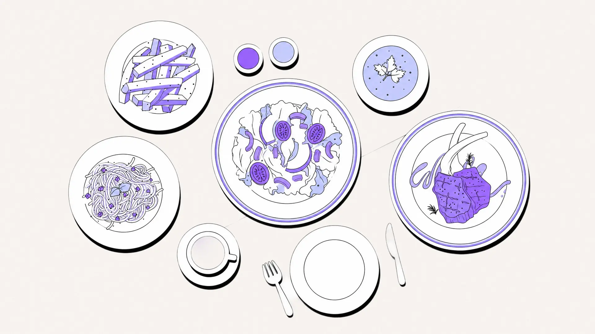 Illustrated table setting with purple-toned dishes representing an ADHD dopamine menu, including appetizers, mains, sides, desserts, and drinks.