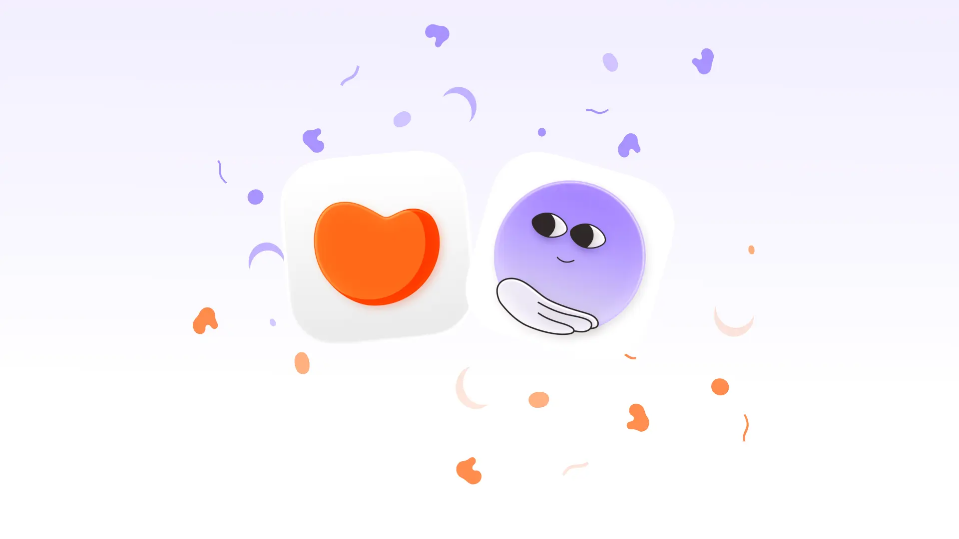 Illustration of the Gentler Streak and Tiimo app icons side by side on a light background. The Gentler Streak icon features an orange heart, while the Tiimo icon shows a smiling purple character. Purple and orange confetti-like shapes surround the icons, symbolizing a partnership between the two award-winning wellbeing apps.