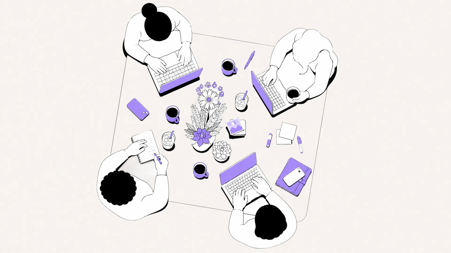 Overhead illustration of four people working on laptops and a notebook around a table with coffee, phones, stationery, and flowers.