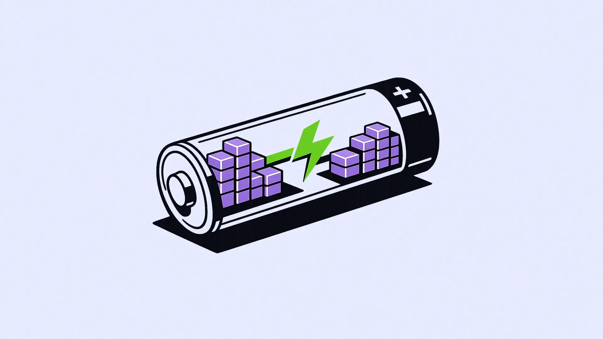 Battery lying on its side with uneven stacks of purple energy bars and a green lightning bolt on a pale lavender background.