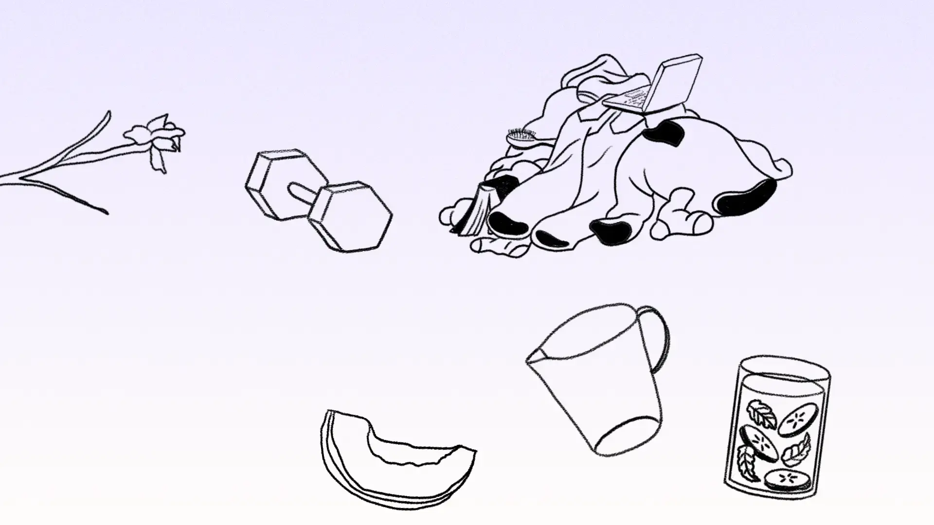 Line drawing of a clothes pile topped with a laptop, with dumbbells, cups, and food scattered across a pale purple floor.