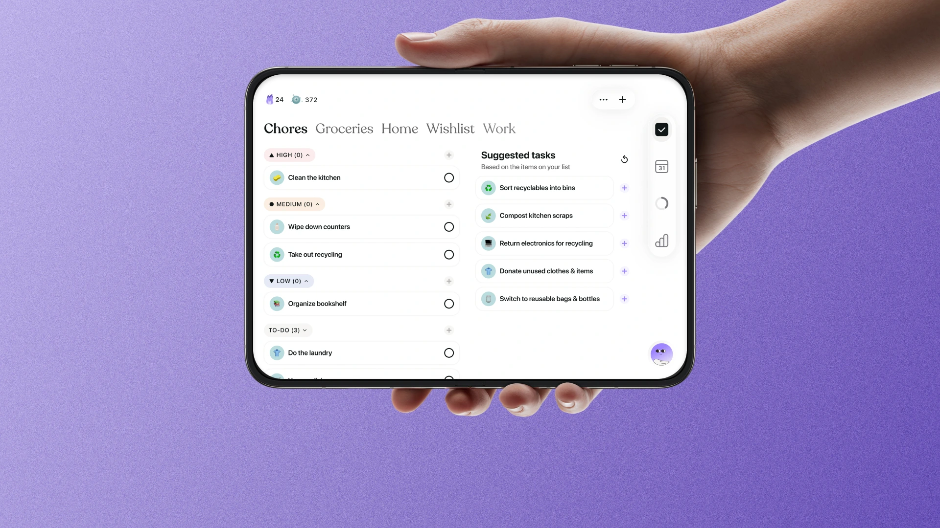 A hand holds the new iPhone Duo showing Tiimo's Intelligent List feature. A chores list is sorted by priority, with AI-suggested tasks like sorting recyclables and composting kitchen scraps shown in a side panel, ready to add with one tap