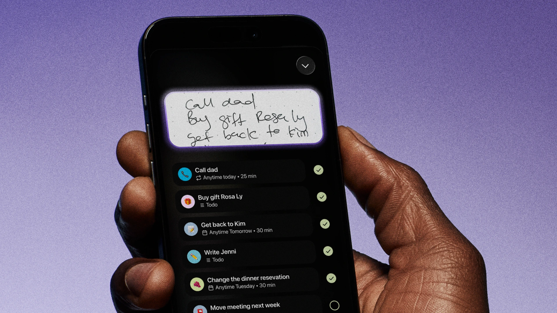 A hand holds a phone in dark mode, showing Tiimo's Snap to plans feature. A photo of a handwritten note reading 'Call dad, Buy gift Rosa Ly, get back to Kim' appears at the top, with the same items turned into structured tasks below, each with an icon, time estimate, and due date