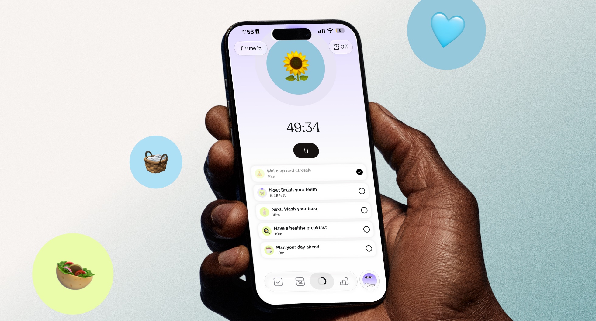 A hand holding a phone with Tiimo showing a routine, a current subtask timer, a completed step, and the next step.