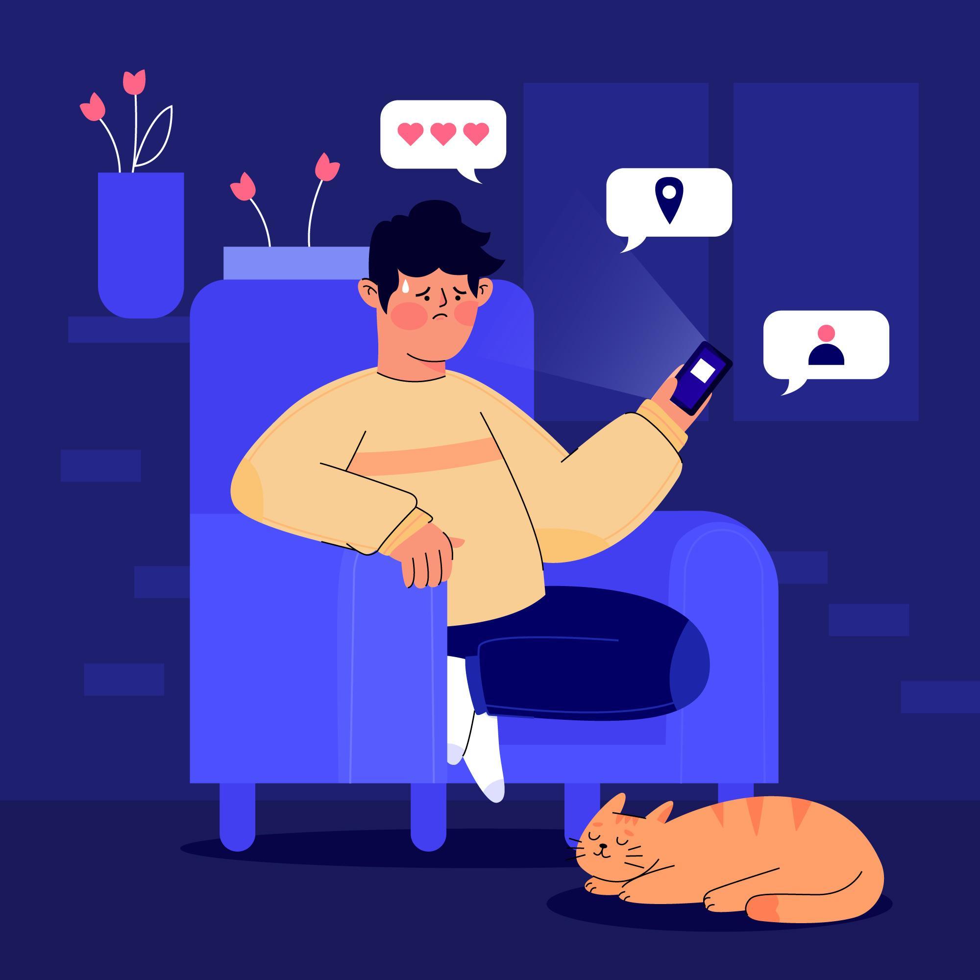 Die Illustration zeigt einen unglücklichen, gestressten Mann, der mit dem Smartphone in der Hand auf einem Couchsessel sitzt und seine Katze darunter liegt. Vom Handy aus gehen Sprechblasen, die Freunde, Herzchen und Standort zeigen.