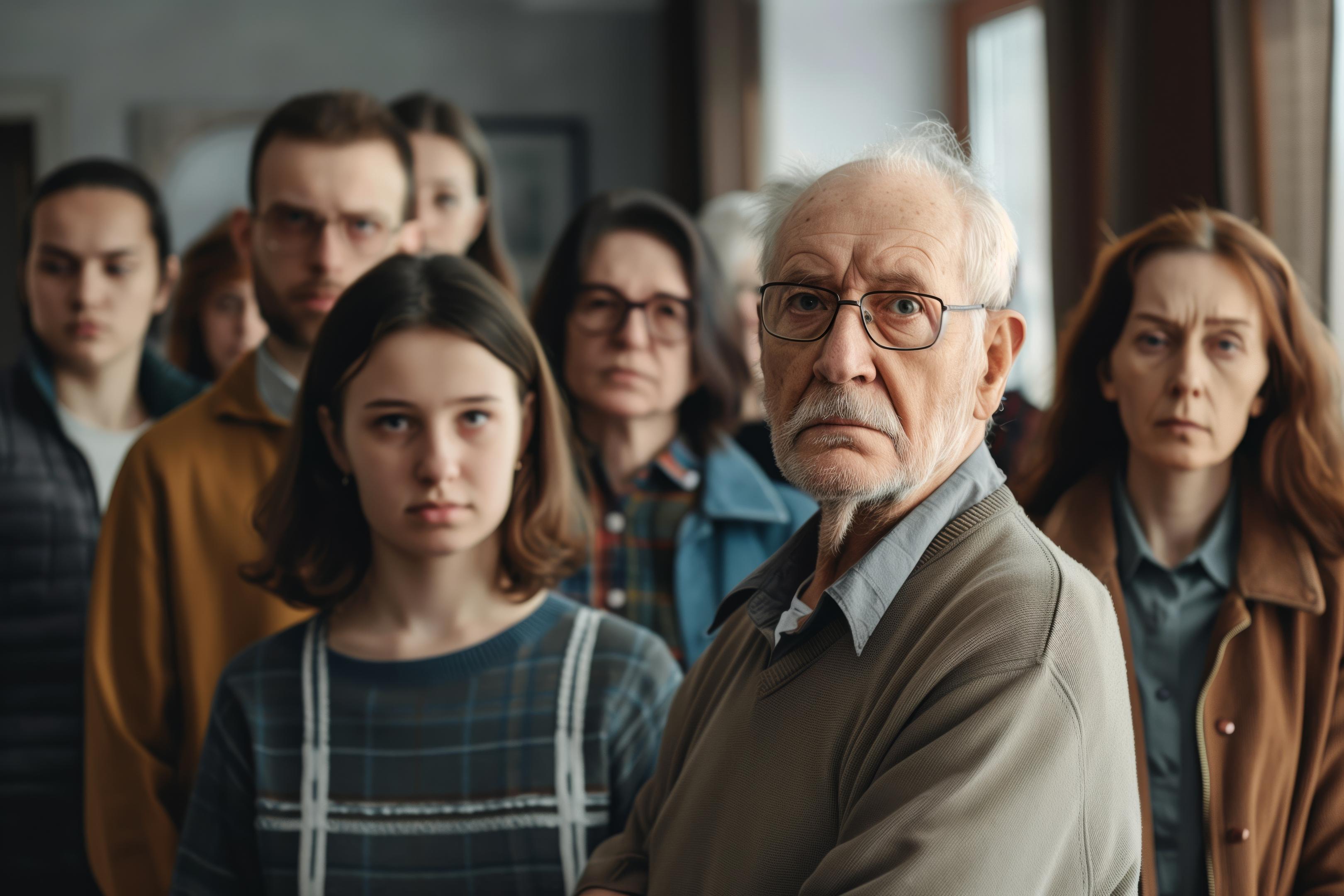 Das AI generierte Bild zeigt eine handvoll Menschen, die alle ernst in die Kamera schauen. Ganz vorne sind ein Pensionist und eine junge Teenagerin - die Personen hinter ihnen werden immer unschärfer.Es bildet viele Altersgruppen und sozioökonomische Schichten ab.