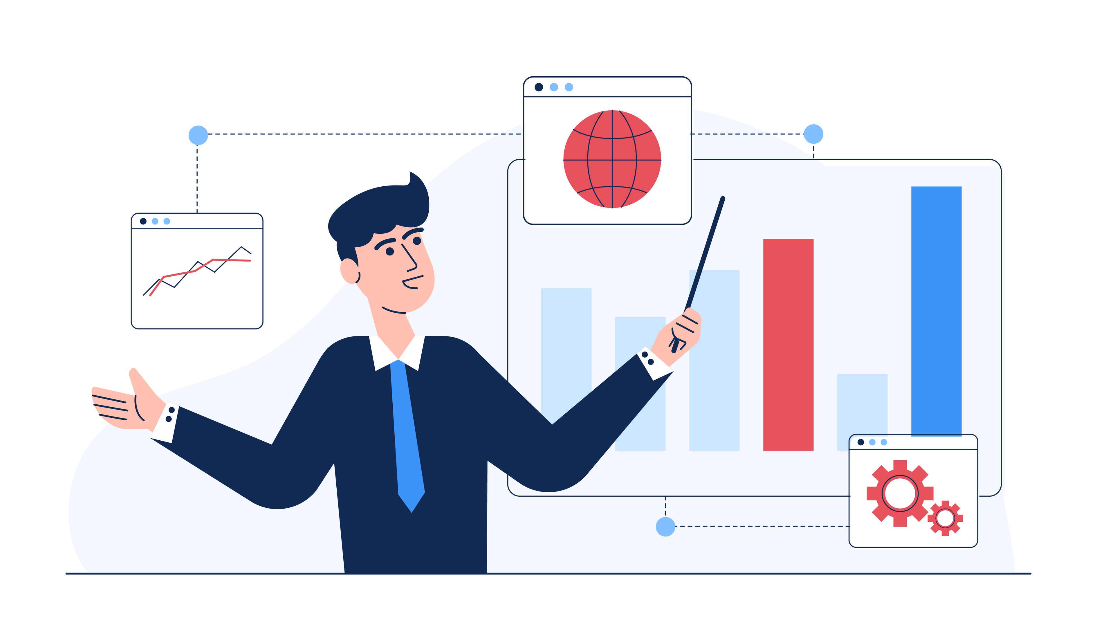 Die Illustration eines Mannes, der Diagramme und Daten präsentiert, als Beispiel für den Experten-Typ beim Imposter-Syndrom. Das Bild steht für den Wunsch nach vollständigem Überblick, viel Fachwissen und die Angst, trotz Vorbereitung nicht genug zu wissen.