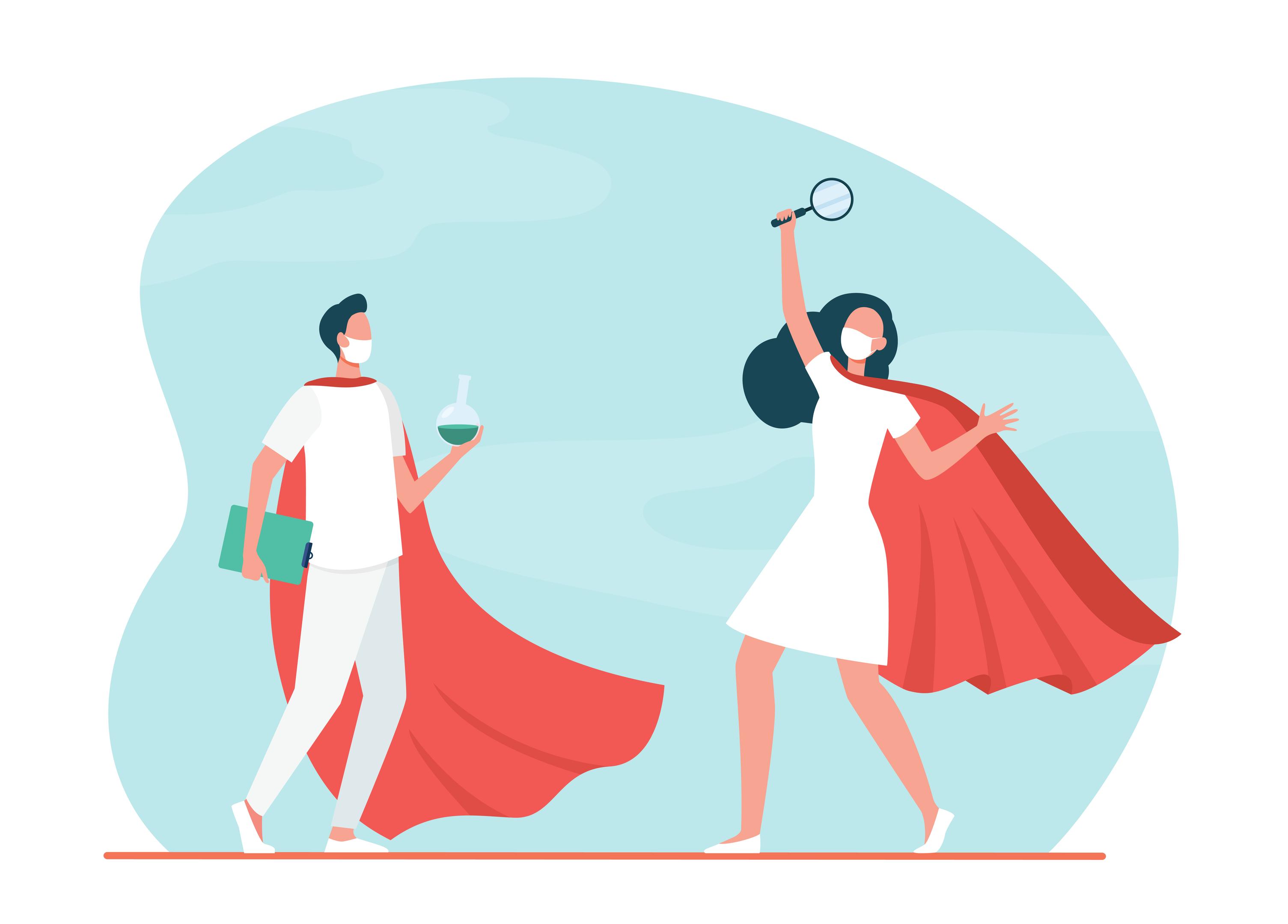 Zwei Menschen als Illustration im Superhelden-Kostüm als Symbol für den Superheld beim Imposter-Syndrom, Leistungsdruck und das Gefühl, immer alles schaffen zu müssen.