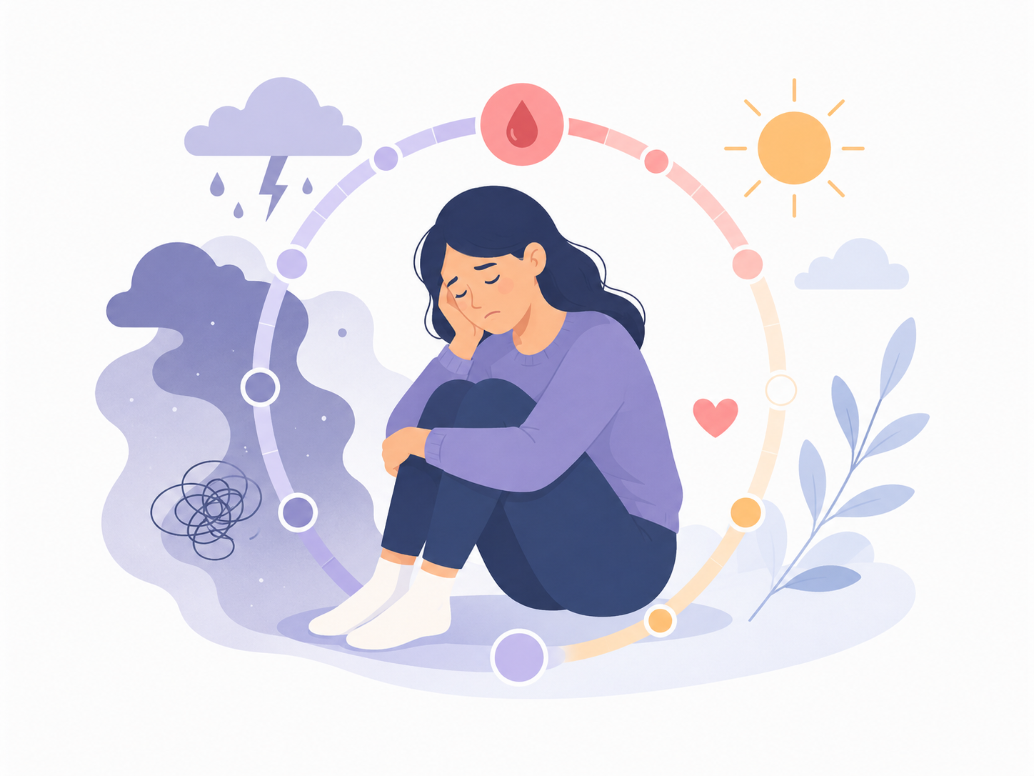 Illustration einer Frau, die von einem angedeuteten Zyklus umgeben ist. Das Bild symbolisiert PMDS als wiederkehrende psychische Belastung vor der Periode.