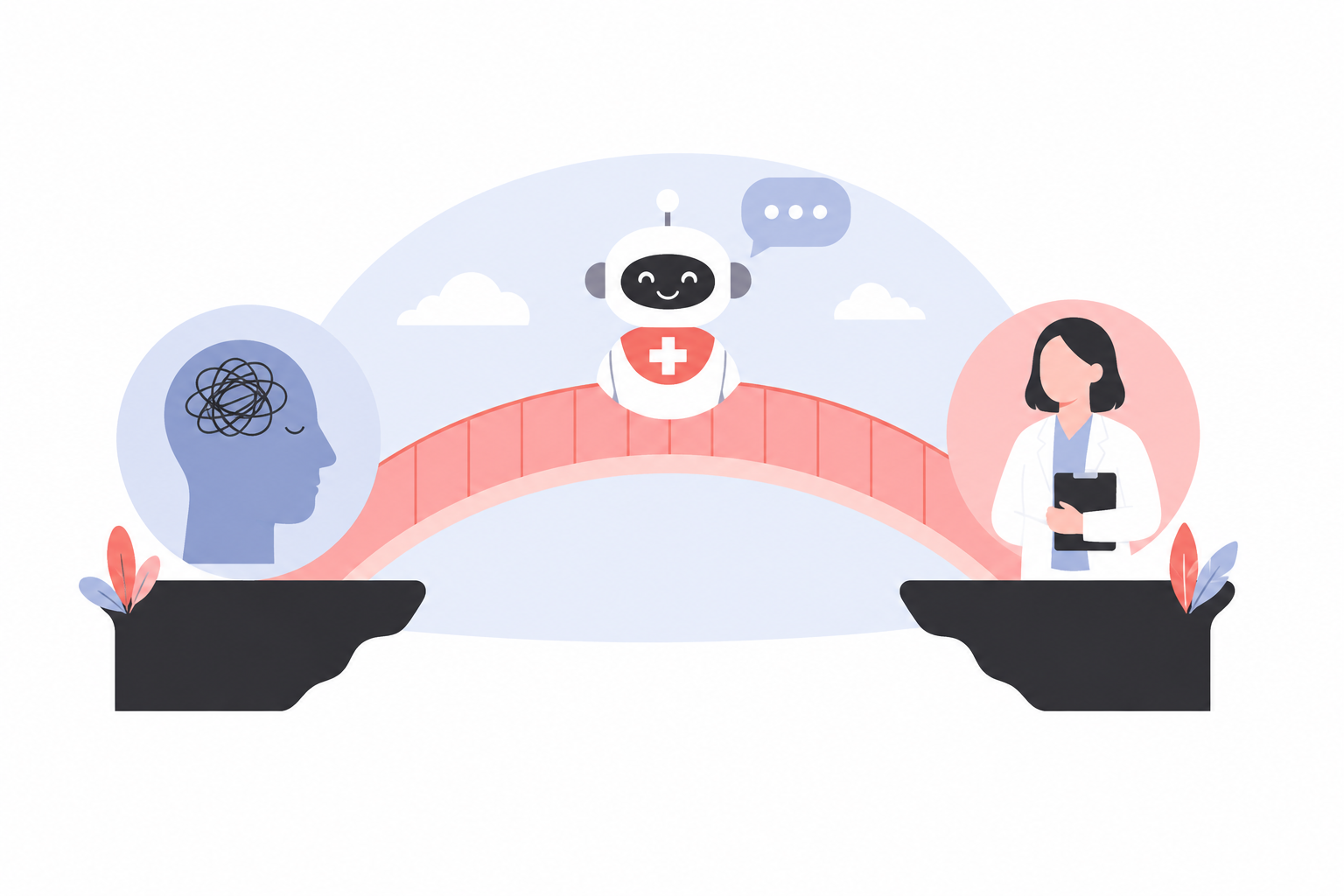 Illustration eines Chatbots als Brücke zwischen einer belasteten Person und einer Fachperson.