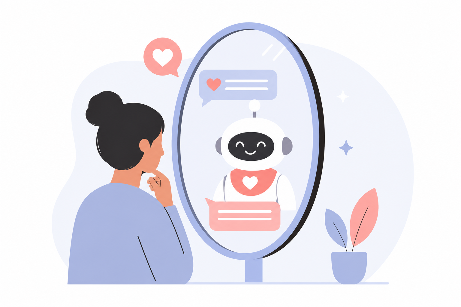 Illustration einer Person, die in einen Spiegel schaut, in dem ein freundlich wirkender Chatbot mit Herzsymbol und Sprechblasen zu sehen ist.