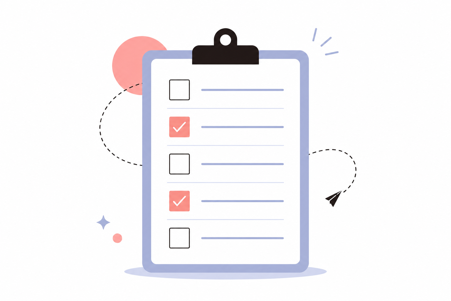 llustration einer Checkliste auf einem Klemmbrett in Pastellfarben. Zu sehen sind mehrere Kästchen, teils abgehakt, mit dekorativen Linien und kleinen grafischen Elementen auf hellem Hintergrund.